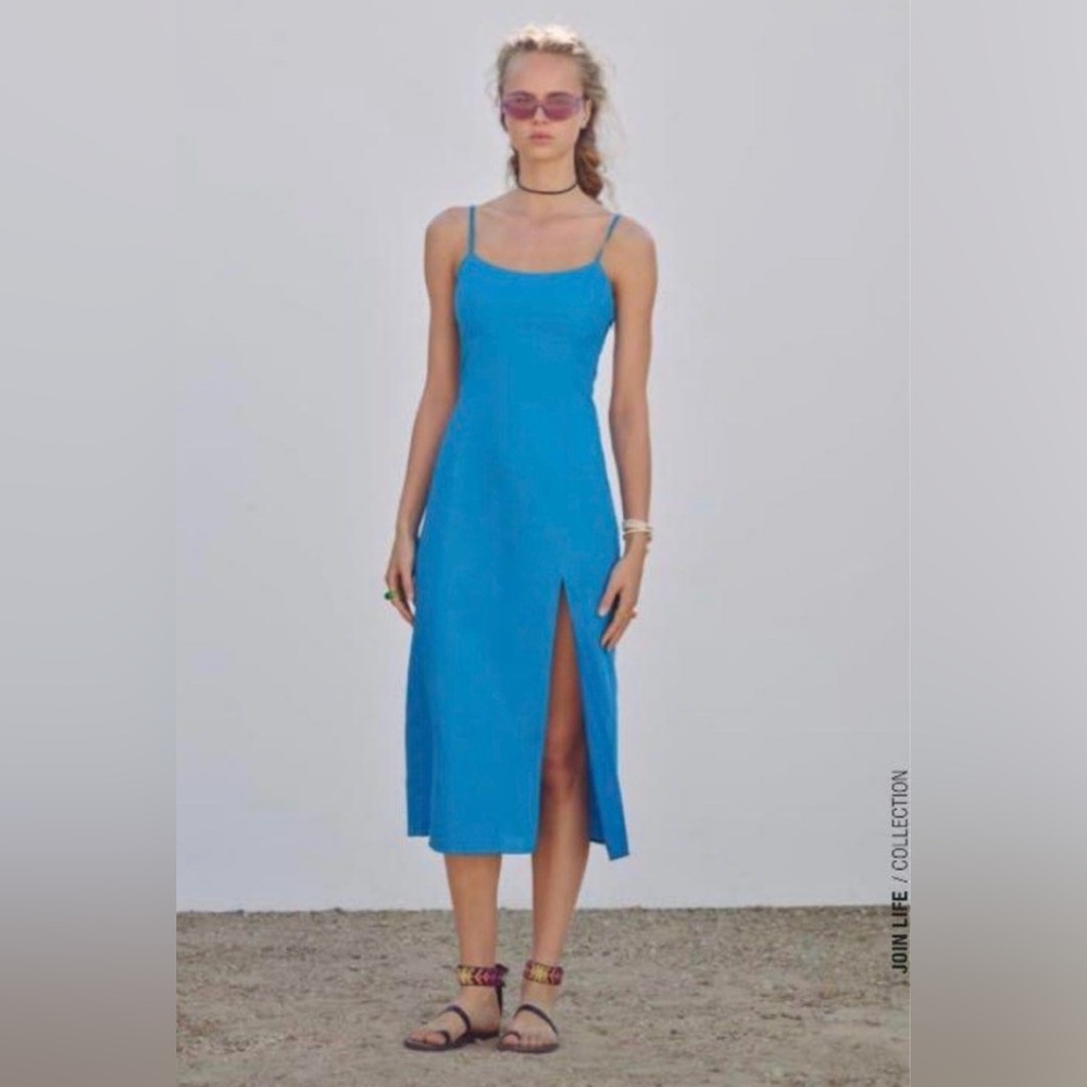 Zara Strappy Sleeveless Blue Midi Linen Dress Front Slit Small